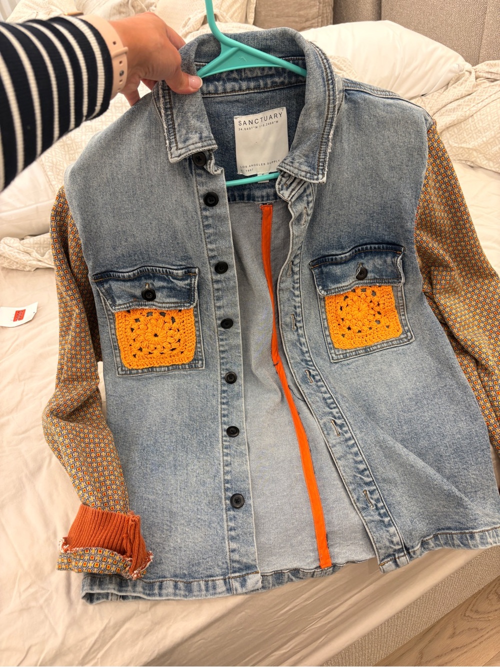 Sanctuary Women’s Blue Denim Jacket with Orange Crochet Accents